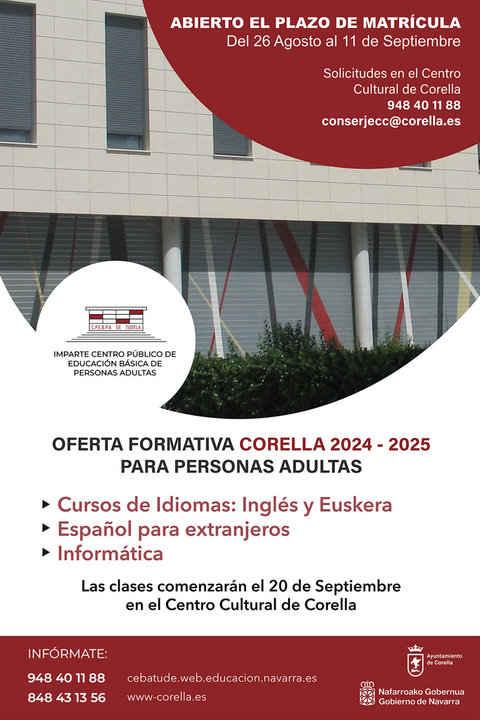 Oferta formativa de Educación Básica de Personas Adultas 2024 25 en Corella